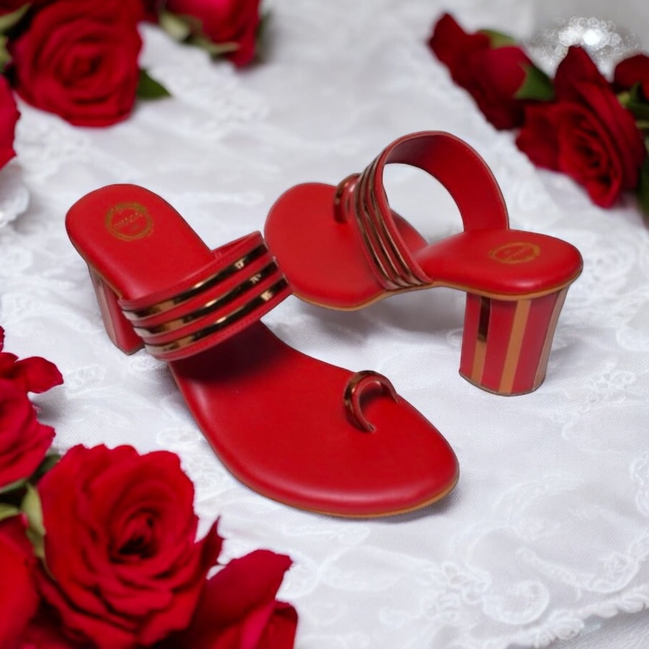 Red and Gold Stripped Block Heel Kolhapuri