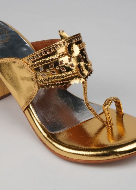 Bling it on - Gold Block Heel Kolhapuri
