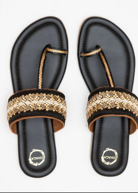 Glam Night with Velvet touch - Black Flat Kolhapuri