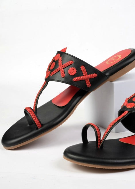 Chilli Chic - Red and Black Flat Kolhapuri