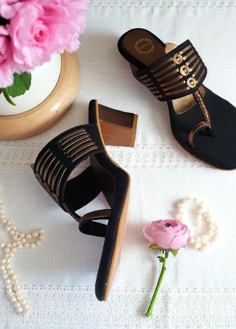 Golden Charm - Black and antique gold block heel Kolhapuri