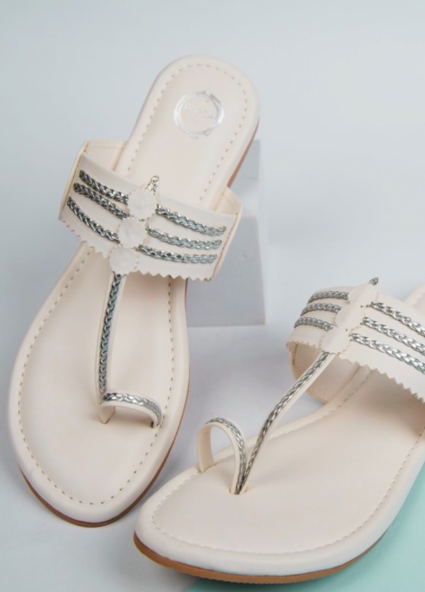 White Braided Flat Kolhapuri Chappal for Women