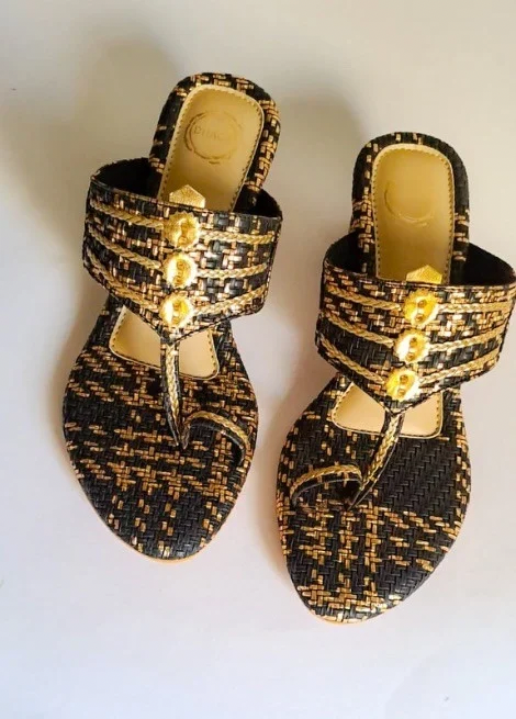 Noir Gold Weave Block Heel Kolhapuri