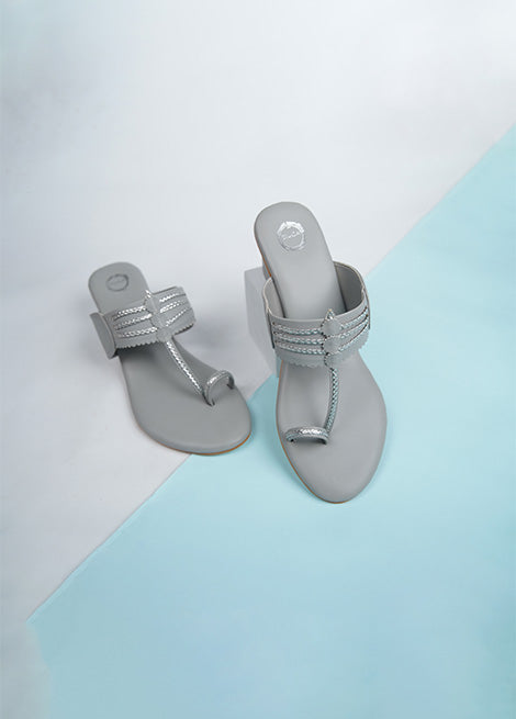 Grey Block Heel Kolhapuri