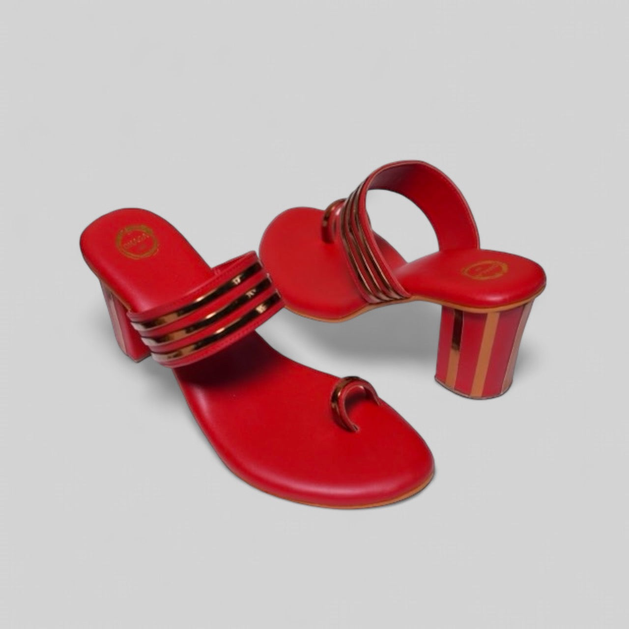 Red and Gold Stripped Block Heel Kolhapuri