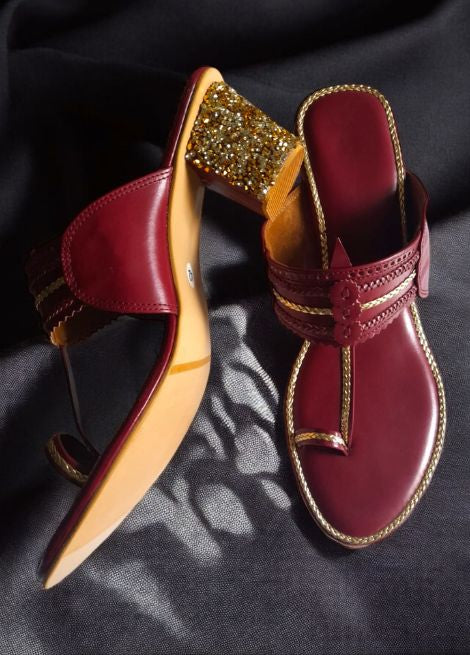 Rudy Radiance – Maroon Stone Block Heel Kolhapuri for Women