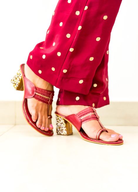 Rudy Radiance - Maroon Block Heel Kolhapuri
