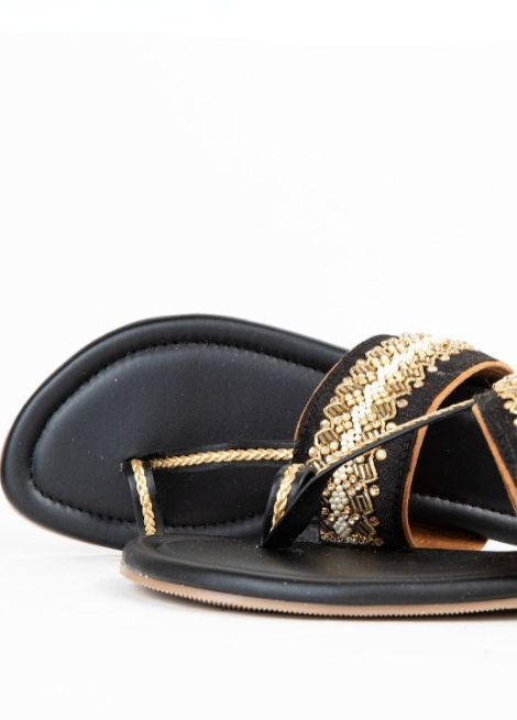 Glam Night with Velvet touch - Black Flat Kolhapuri