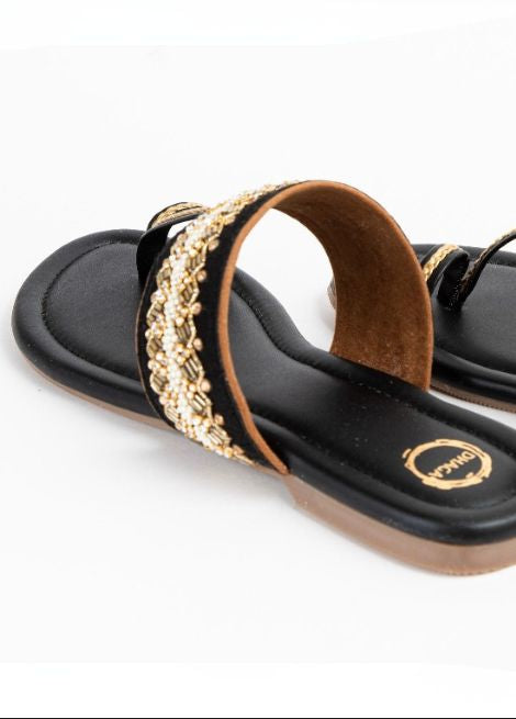 Glam Night with Velvet touch - Black Flat Kolhapuri
