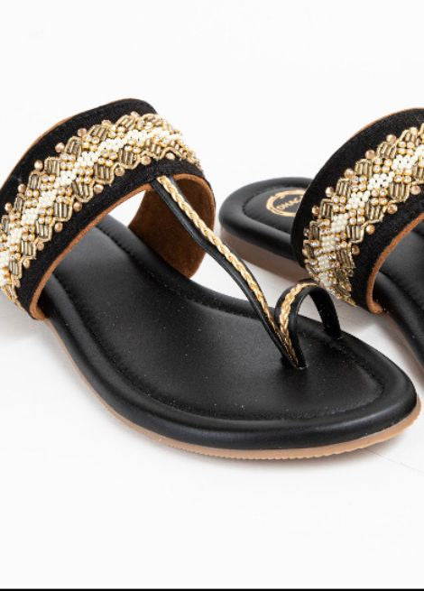 Glam Night with Velvet touch - Black Flat Kolhapuri