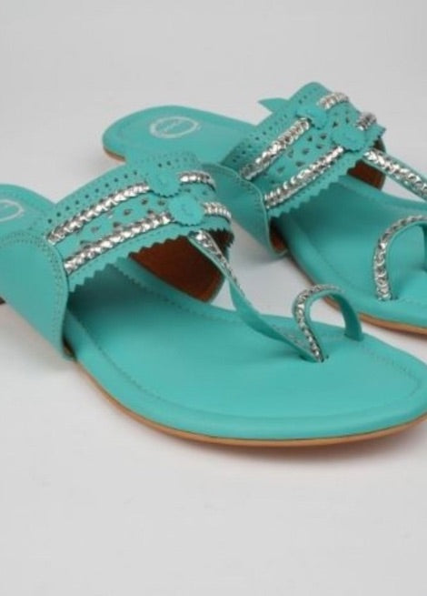 Aqua Shine  - Sea green Flat Kolhapuri