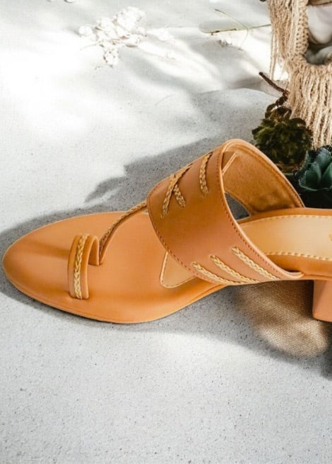 Knot & Go – Light Brown Block Heel Kolhapuri Heels for Women