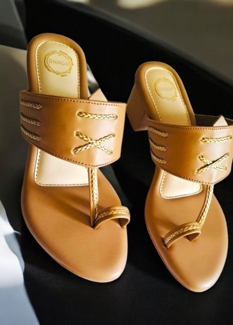 Knot & Go – Light Brown Block Heel Kolhapuri Heels for Women