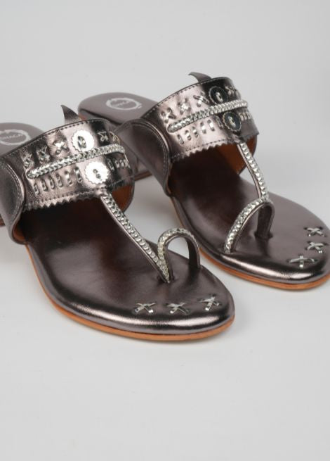 Silver Cadillac - Metallic Block Heel Kolhapuri