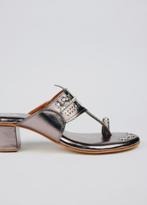 Silver Cadillac - Metallic Block Heel Kolhapuri