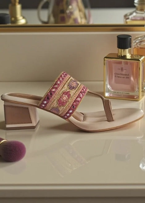 Gulnaar - Cream Block heel kolhapuri