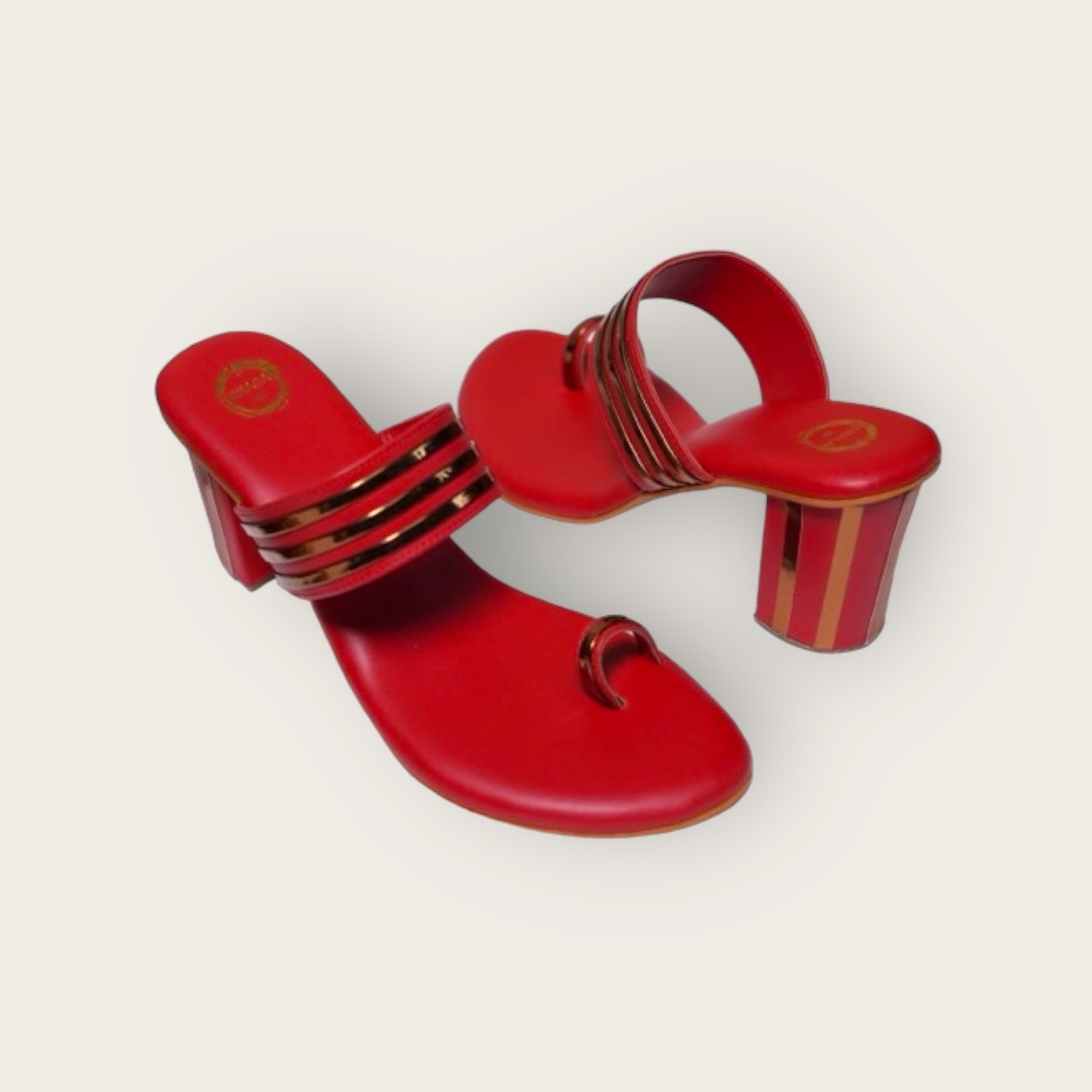 Red and Gold Stripped Block Heel Kolhapuri
