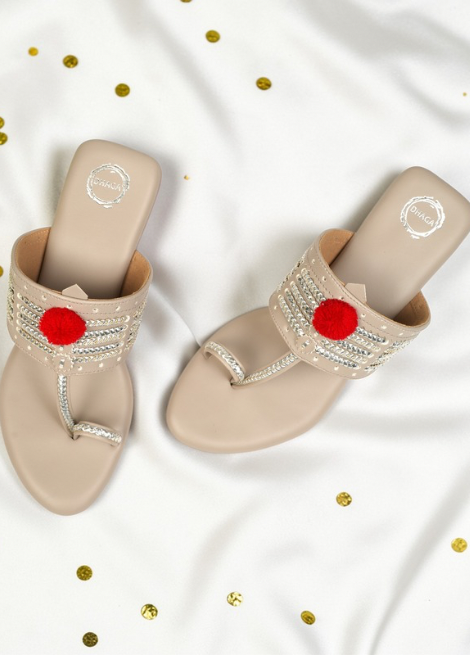 Aafreen Grey – Pearl Block Heel Kolhapuri Chappal for Women