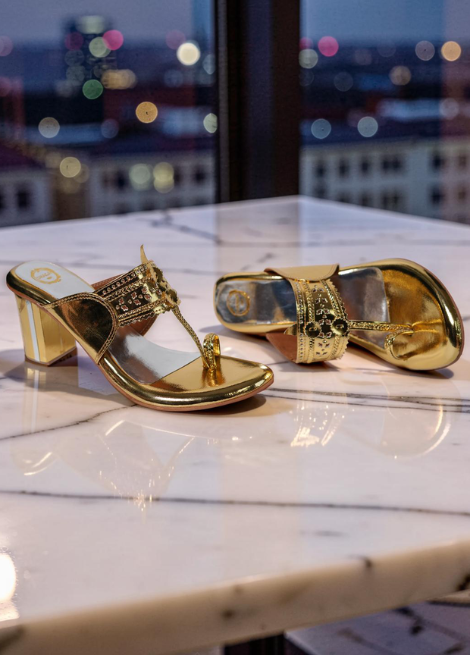Bling It On – Gold Block Heel Kolhapuri Heels for Women