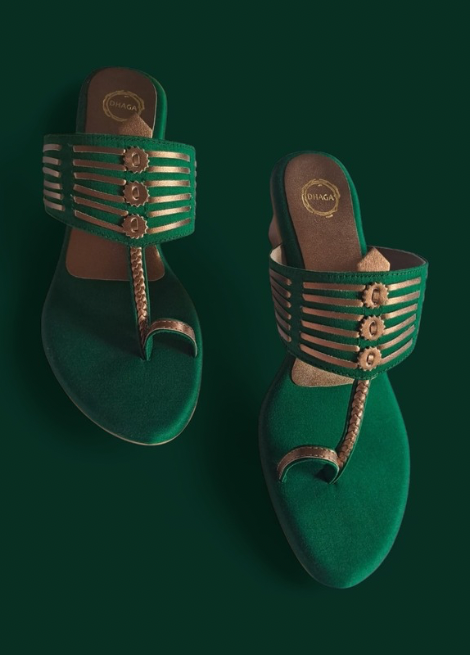 Green Glamour  - Green and Antique gold Block heel Kolhapuri