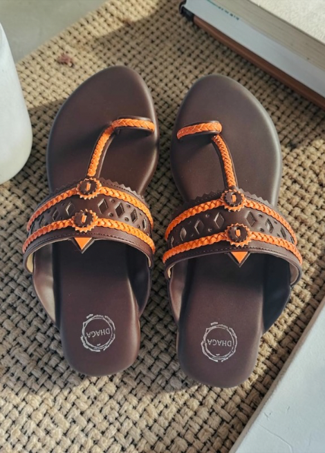 Mocha Weave Flat Kolhapuri - Brown and Orange flat kolhapuri