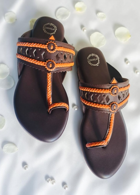 Mocha Weave Flat Kolhapuri - Brown and Orange flat kolhapuri