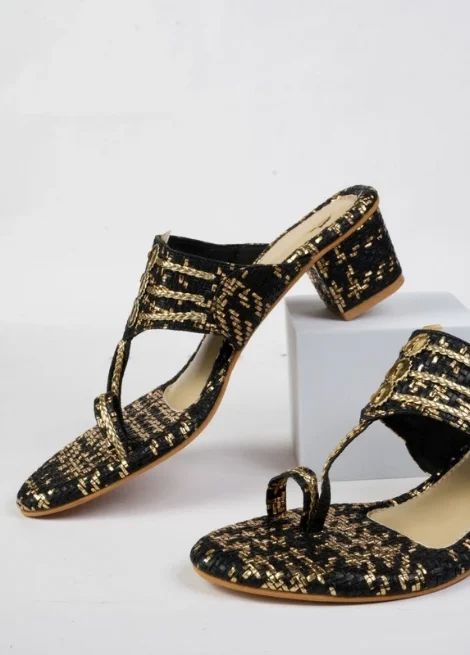 Noir Gold Weave Block Heel Kolhapuri