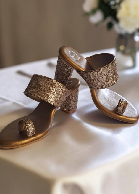 Starlit Champagne Heels - Antique gold block heels