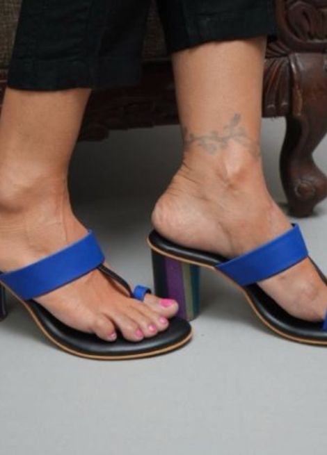 Striped- Black Block Heel Kolhapuri