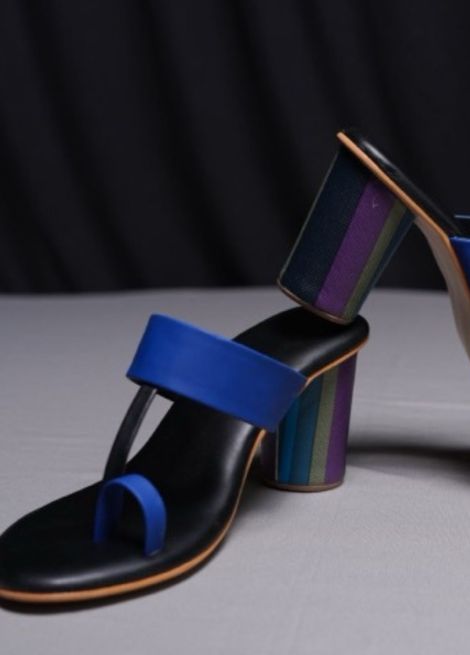 Striped- Black Block Heel Kolhapuri