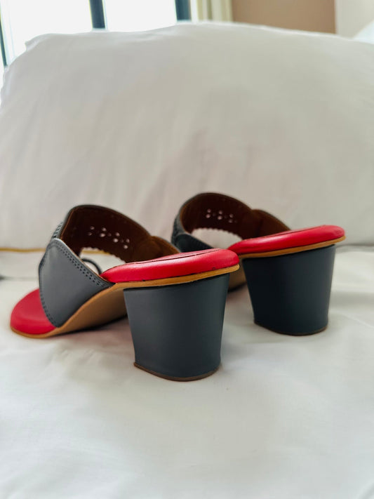 Grey And red block heel