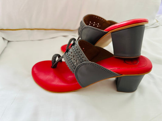 Grey And red block heel